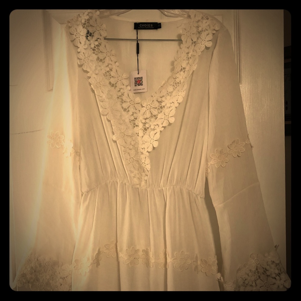 Boho White V Neck Dress W/ Lace Edges